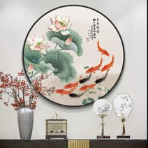 원형 비단잉어그림 구어도 연꽃 금전운 돈들어오는 물고기그림 동양화, B, 50cm, 로그나무 프레임 + 유화 캔버스 코어