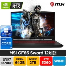 MSI Sword GF66 A12UE 인텔 12세대 i7-12700H RTX3060 윈도우11 배그 주식 고성능 게이밍 노트북, GF66 Sword, WIN11 Pro, 64GB, 2TB, 코어i7, 블랙