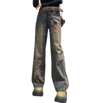 꽃소담 여성 봄가을 큐빅 워싱 데님 와이드팬츠 J384