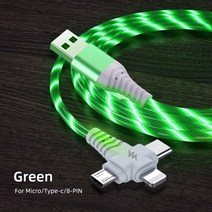 3 in 1 flow luminous usb cable for samsung led kable usb to micro usbtype c8 핀 충전기 와이어 코드 for iphone, 초록불, 2m