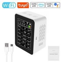 가스감지기 Tuya WiFi Air Quality Detector PM2.5 CO2 TVOC HCHO Temperature Humidity AQI 7 In 1 APP Re, 02 White