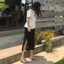 핑크꼴라주 H라인 린넨 밴딩 언발 옆트임 롱 스커트