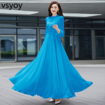 vsyoy 2022 새로운 여성 긴 소매 드레스 단색 쉬폰 드레스 슬림 해변 휴가 긴 큰 드레스