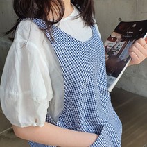 방가지똥 앞치마 여름용 단추없는 통원피스 네이비 체크 리플 지지미 앞치마