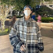 봄가을 남성 남방 셔츠 배색 체크 오버핏 긴팔 상의 캐주얼 빅사이즈 S~4XL