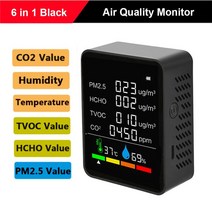 미세먼지측정기 실내 공기질 휴대용 측정기 LCD 이산화탄소 검출기 PM2.5 PM10 HCHO TVOC CO 측정기 디지, 09 6 in 1 Black B