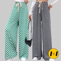 [1+1] 여성 기하학 체크 패턴 와이드 밴딩 쿨링 팬츠 바지