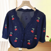 체리 브이넥 여름 니트 가디건 여성 반팔