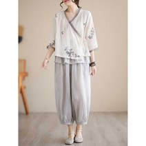 여성 개량한복 세트 엄마 생활한복 빅사이즈 추석선물, 상의+바지 M (50-57키로)