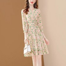 플라워 쉬폰 원피스 봄 여름 2023 슬림 미디엄 롱7부 소매 A라인 스커트 긴팔원피스