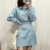 [3color] 모아 카라 포켓 뒷밴딩 긴팔 미니 데님 원피스