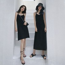 무지 끈나시 블랙 원피스 레이어드 A라인 슬림핏 맥시 롱원피스