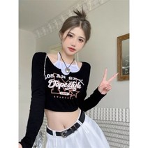 긴 소매 티셔츠 여성 슬림 핏 어깨 짧은상의