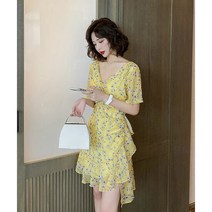 플라워 레이스 셔링 브이넥 쉬폰 언발 미니 슬릿 원피스