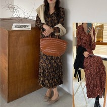 고급진 플리츠 플라워 롱 원피스 주름 랩 꽃무늬 잔꽃 러블리 여성 세련된 레이어드 캐주얼 베이직한 오버 루즈 핏 긴팔 하객 오피스 데일리 룩 기본 편한 예쁜 스모크 소매 밴딩 벌룬