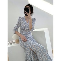 위위브렌 여성용 반팔 쉬폰 트임 잔꽃무늬 브이넥 롱 원피스