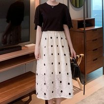 티셔츠 토트패턴 롱 스커트 투피스 A라인 캉캉소매 Dtc 하객 룩 여성 홀가먼트 머메이드 니트 플리츠