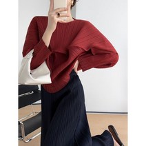 플리츠 반팔 블라우스 립 디자인 탑 패션 루즈핏 라운드넥 박쥐 긴팔 캐주얼 셔츠 여성 봄 가을