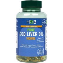 Holland & Barrett Pure Cod Liver Oil 1000mg [영국발송] 홀랜드&바렛 퓨어 대구간 오일 1000mg 오메가3 비타민A D 60캡슐 2팩, 2개