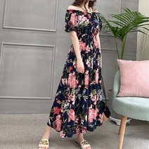 [세인트이브] OD505 2컬러 플라워 오프숄더 밴딩허리 롱원피스