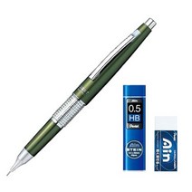 펜텔 만년 CIL 케리 샤프 올리브그린 0.5mm P1035-KD + AIN 샤프심 0.5mm HB + AIN 지우개 세트, 1세트