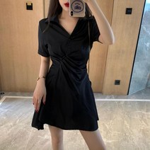 여성 예쁜 허리 주름 라인 포인트 여리핏 블랙 원피스 면원피스 스커트 반팔원피스 브이넥원피스