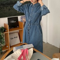 카라넥 포켓 허리 스트랩 빈티지 청 데님 원피스 252769