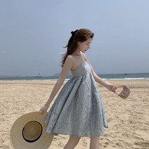 휴양지 비치 원피스 플레어 라인 나시 뷔스티에 원피스 소라색 하늘색 스냅촬영 미니드레스