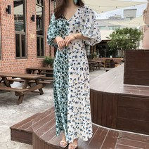 퍼프소매 루즈핏 반반패턴 롱 맥시원피스