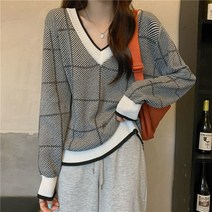 주디앤 여성 밀크 브이넥 체크 긴팔 니트티 루즈핏 리빙공감