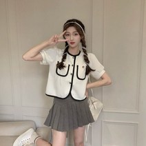 여름 트위드 반팔 자켓 정장 체크 크롭 카라 하객 셋업 린넨 노카라 네이비