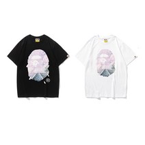 BAPE 조수 브랜드 티셔츠 원숭이 남자 머리 패턴 작은 원숭이 인쇄 라운드 넥 풀오버 남성과 여성 느슨한 반팔