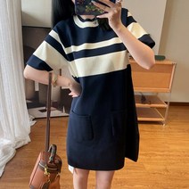 스타일아유 여성 여름 페미닌 배색 단가라 줄무늬 오버핏 박시 반팔 니트 롱 원피스