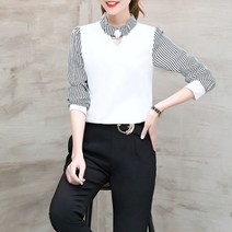 CESS 여성 여자 팬츠 소매배색 스트라이프 정장 세트 봄 상하 셔츠바지 2W8ADAE7
