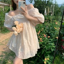 스타일 일자 넥 오프숄더 퍼프 여 패션 나잇 하이웨이스트 치마 여성 하객원피스 블라우스 여름원피스
