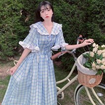 빅카라 원피스 드레스 피터팬 카라 미드 커프 캐주얼 체크무늬 풀오버 버터 플라이 소매 여성 프릴 코튼