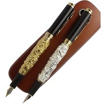 jinhao 길조 용 중간 펜촉 만년필 골동품 황금 및 회색 + 2 스틱 갈색 나무 펜 상자, 황금과 은