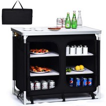 Giantex Camping Cook Table Kitchen Station 수납정리함과 운반 가방이 있는 BBQ 파티 소풍 뒷마당과 테일게이트 휴대용 야외 알루미늄 요리 테이블, Black