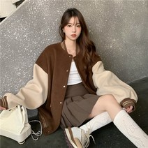 트렌치 코트135#충돌 컬러 배색 야구복 여성 하프 와이드 긴팔 퍼모직 코트 가을 겨울 캐주얼 상의 뉴타임즈 Z