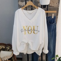 상상그이상 여성용 국내제작 유맨투맨 브이넥 가성비 좋은 부드러운 면 고급원단 구김없는 골드 레터링 포인트나염 캐주얼 데일리 가성비 좋은 포인트 좋은 맨투맨 티셔츠