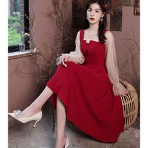 키작은 스커트 권주복 신부 2022 봄가을 클래식 스퀘어넥 이브닝드레스 여성 헵번풍 고퀄리티 감각 치마 3900659152, L, 와인색