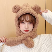 방한 겨울 후리스 뽀글이 곰돌이머플러 후드모자 귀여운 후드넥워머 후드머플러 모자워머 목도리 넥워머