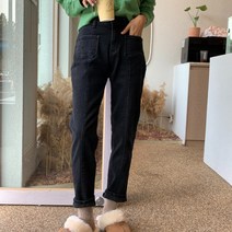 겨울 선기모 앞포켓 주머니 도톰한 절개 보이핏 배기핏 청바지 스판 속밴딩 블랙진 데님 팬츠