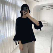 봄 여자 여성스러운 소매리본 라운드 트임니트티 4color