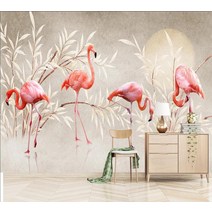 천 원단 사용자 정의 3D 벽화 벽지 아름다운 예술적 플라밍고 HD 아트 TV 장식 그림, 1.1 square meters