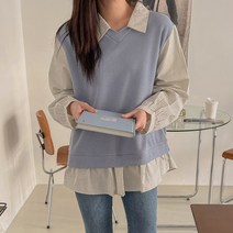 로로텐 스트라이프 배색 골지 티셔츠 카라넥 긴팔 여성 빅사이즈