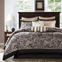 Madison Park Aubrey 아늑한 이불 세트 인조 실크 자카드 페이즐리 디자인 - 면 침대 시트 스커트 및 토스 베개가 있는 사계절용 다운 대체 침구 퀸 블랙 12피