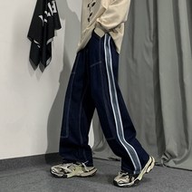 봄과 가을 스트레이트 청바지 남성 탄성 허리 조수 브랜드 캐주얼 일본 복고풍 미국 하이 스트리트 힙합 긴 바지