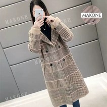 Makone 상표등록 밍크가디건 융외투 스웨터 가디건 뉴스타일여성복 가을겨울 두꺼운 빅사이즈 체크무늬 칼라넥 니트 코트