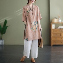 빅사이즈반팔와이셔츠 2022 봄 여름 단아한 라운드넥 스트랩 반팔셔츠 면린넨 플라워 프린팅 워싱 맷돌 4579006692